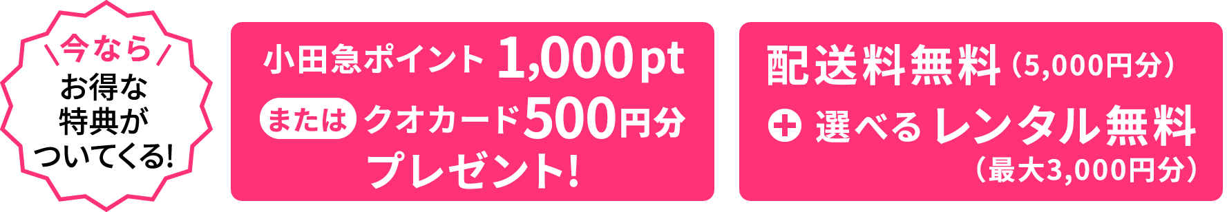 今ならお得な特典3点がついてくる！小田急ポイント1,000ptプレゼント / 配送料無料(5,000円分) / オプション 選べるレンタル無料(最大3,000円分)