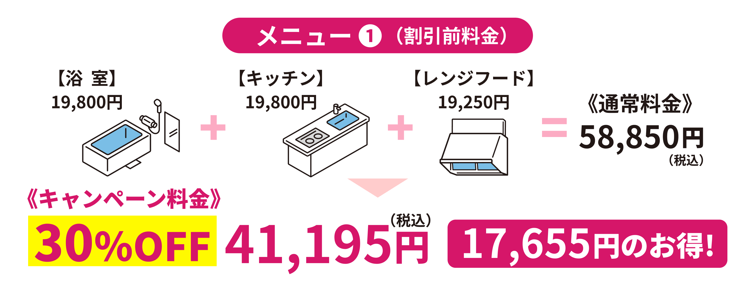 浴室+キッチン＋レンジフード30%OFF41,195円17,655円のお得！