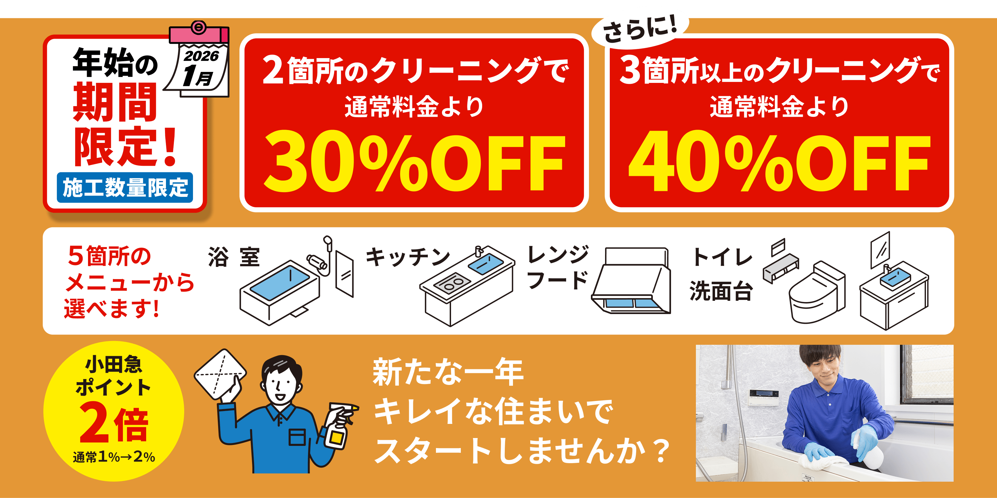 2箇所のクリーニングで通常料金より30%OFF。3箇所のクリーニングで通常料金より40%OFF。