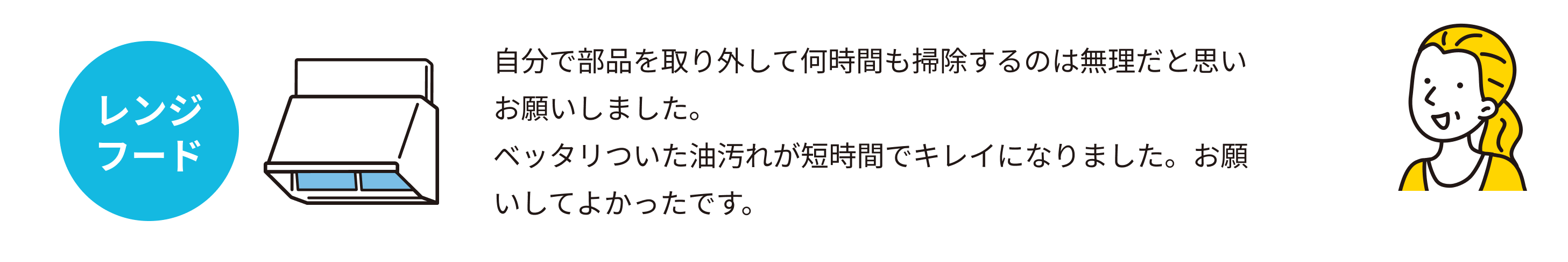 自分で部品を取り外して何時間も掃除するのは無理だと思いお願いしました。ベッタリついた油汚れが短時間でキレイになりました。お願いしてよかったです。