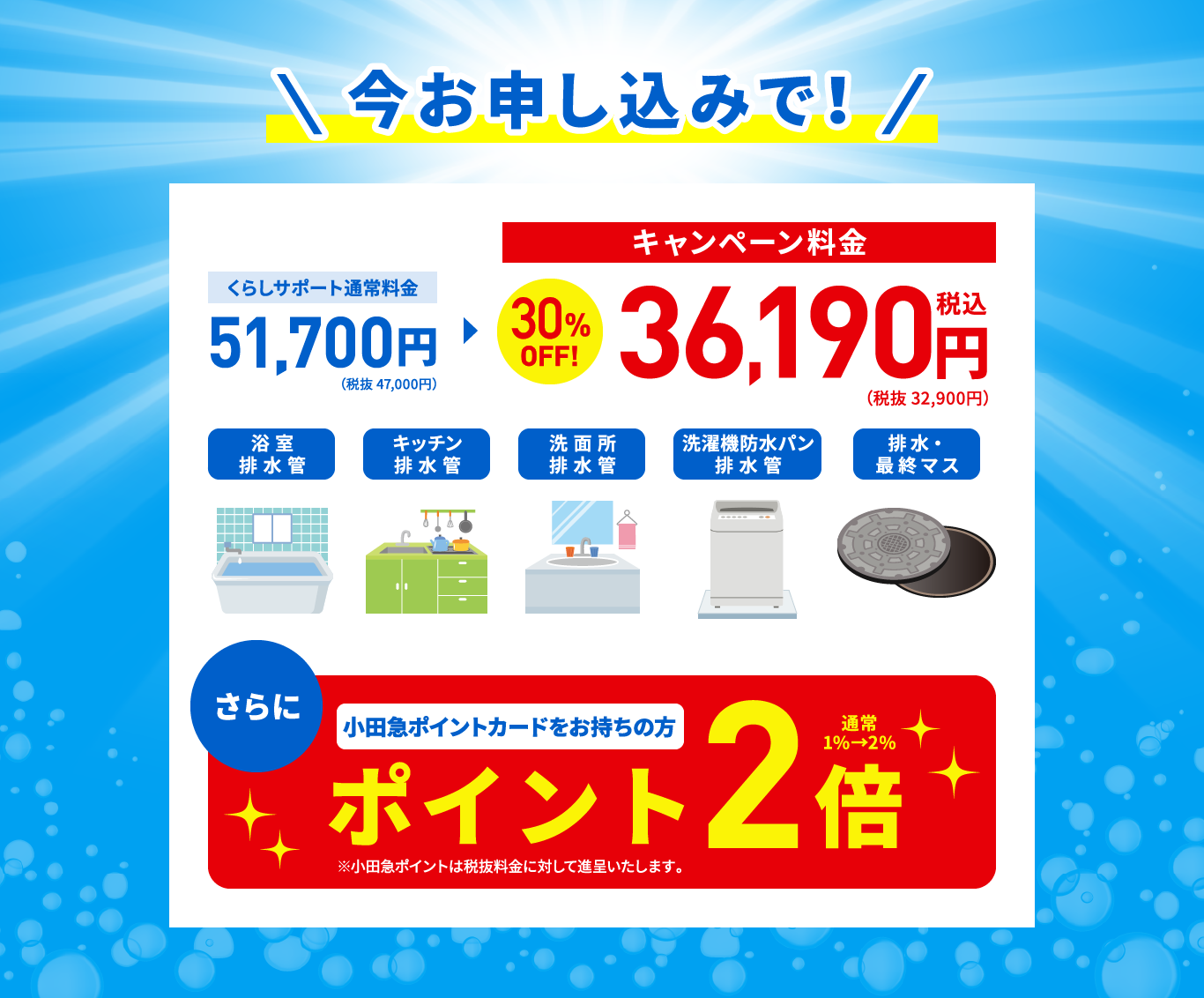 今お申し込みで くらしサポート通常価格51,700円(税抜47,000円) ▶ キャンペーン価格 30%OFF! 36,190円税込(税抜32,900円) さらに 小田急ポイントカードをお持ちの方 ポイント2倍 通常1%→2% ※小田急ポイントは税抜料金に対して進呈いたします。