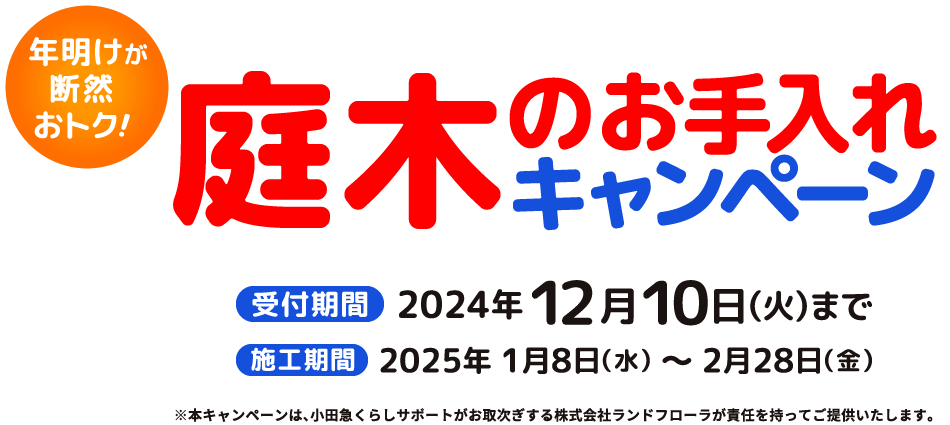 夏のお庭をおトクにキレイに！ 庭木のお手入れキャンペーン 受付期間：2023年12月15日(金)17時まで 施工期間24年1月9(火)〜2月29(木)まで 本キャンペーンは、小田急くらしサポートがお取次ぎする株式会社ランドフローラが責任を持ってご提供いたします。